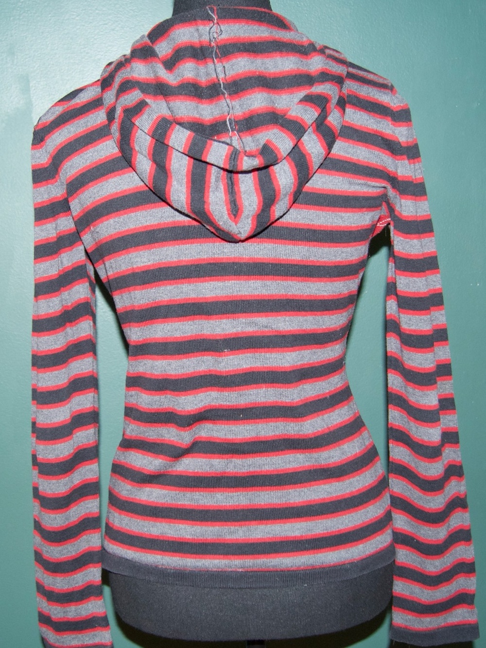 Striped Hooded Women's Sweater - Gray & Red